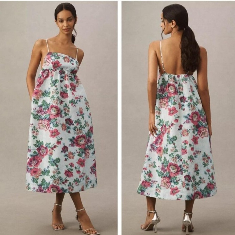 Anthropologie BHLDN White Floral Midi Dress with Pink & Green Print